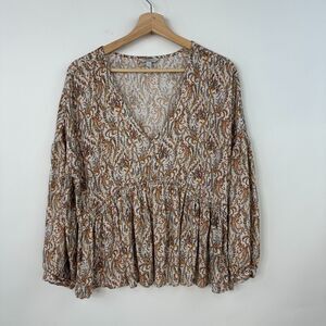 Lucky Brand Paisley Babydoll V-Neck Blouse Large Peplum Tunic Boho Peasant Flowy